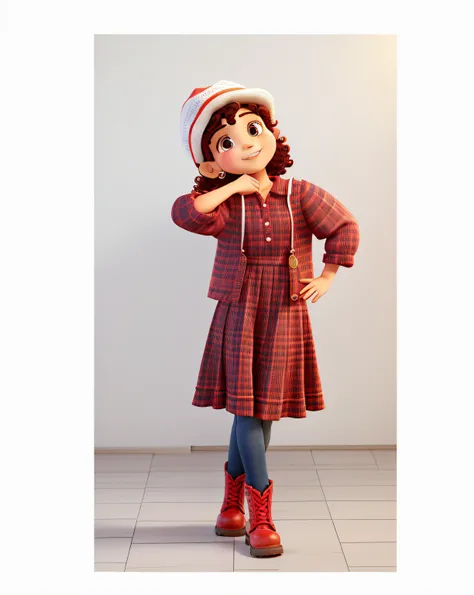 menininha de 3 anos, Sorrir, curly hair, short hair, cabelos pretos, vestido preto vermelho e branco, wearing red hat and boots, estilo 3D Disney Pixar, melhor qualidade, qualidade alta