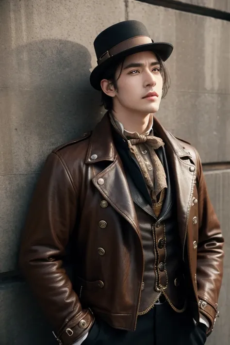 Man wearing steampunk style clothes standing in front of wall, face expressionless，Turn sideways and look up