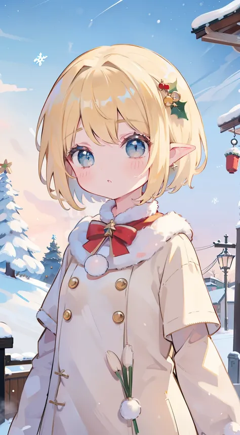 One girl、a blond、Short bob hair、cute little、small tits、Elven ears、​masterpiece、top-quality、Top image quality,snowscape,Christmas,Santa Clothes