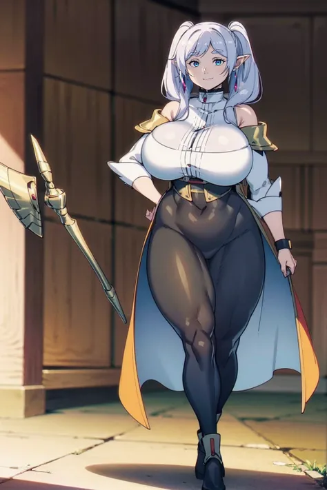 1girl,solo,elf,white hair,grey hair,earrings,pointy ears,long hair,ponytail,green eyes,twintails,parted bangs,thick eyebrows,,, holy magicalgirl, , holy haura, halo, smile, joyfull, paladin, sword holding, full body , boots, standing,cute,breast, curvy, fe...