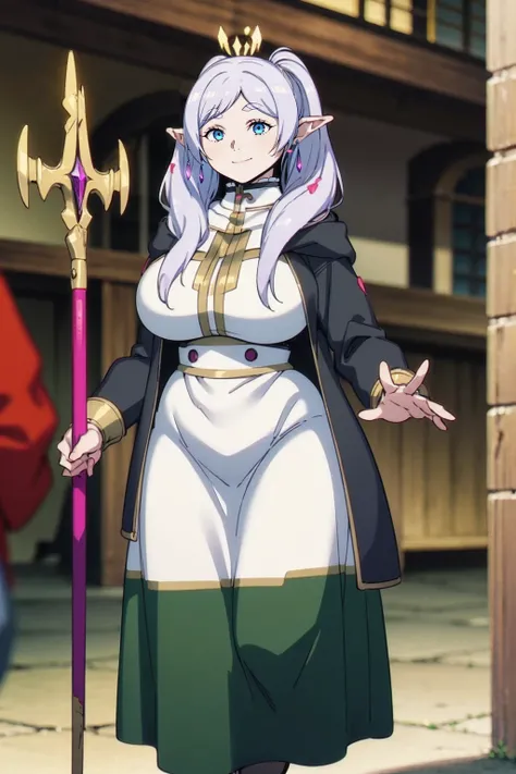 1girl,solo,elf,white hair,grey hair,earrings,pointy ears,long hair,ponytail,green eyes,twintails,parted bangs,thick eyebrows,,, holy magicalgirl, , holy haura, halo, smile, joyfull, paladin, sword holding, full body , boots, standing,cute,breast, curvy, fe...