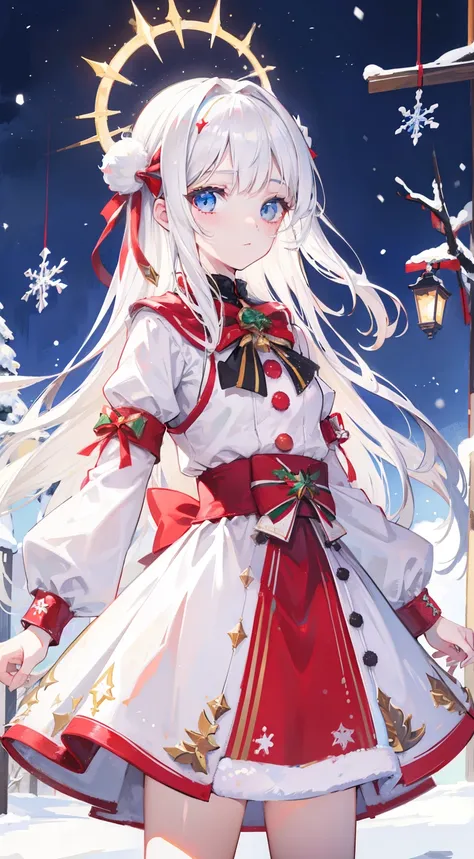 white  hair,Top image quality,teens girl,​masterpiece,de pele branca,Semi-long hair,,hime-cut,small tits,Glowing face,snowscape,Christmas