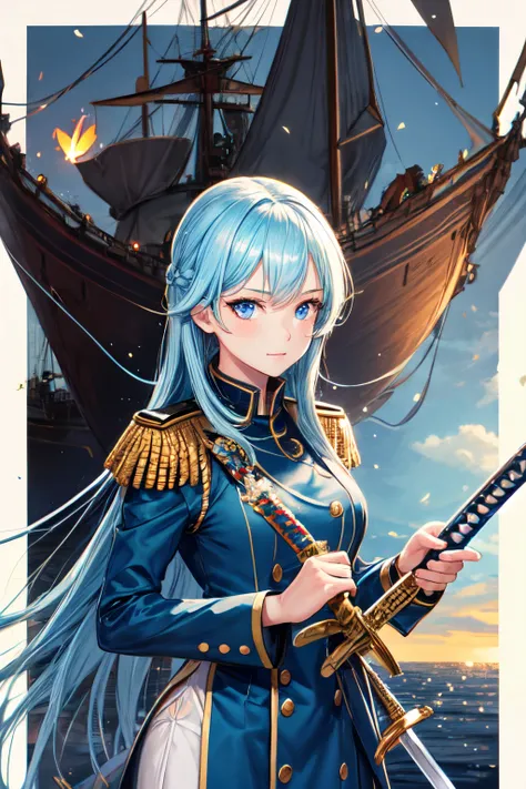 1girl, admiral, uniform, long blue hair, bright blue eye, sword, holding sword, firefly, ships, glowing, sidelighting, wallpaper