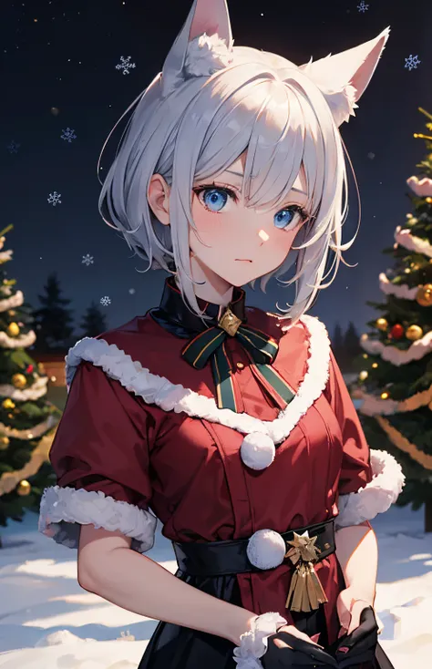 ​masterpiece,Top image quality,hight resolution,imagem 4k,Raw photo,Photorealsitic,{Solo},teens girl,Embarrassment,Silverberry Shorthair,stare at each other,,Blue eyes,小柄,small tits,Silver fox ears,Fox tail,boyish,snowscape,Christmas