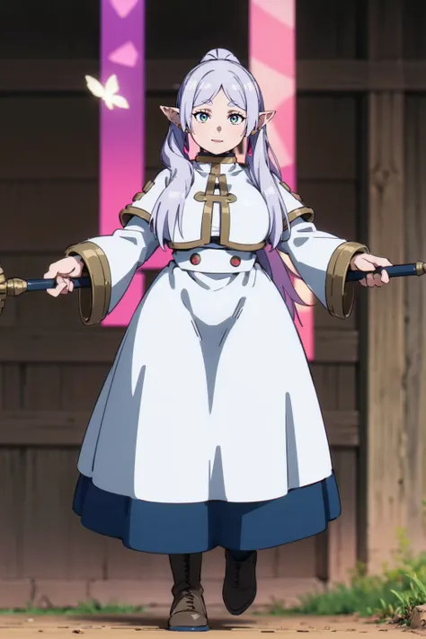 1girl,solo,elf,white hair,grey hair,earrings,pointy ears,long hair,ponytail,green eyes,twintails,parted bangs,thick eyebrows,,, holy magicalgirl, , holy haura, halo,, paladin, sword holding, full body , boots, standing,cute,breast, curvy, female,fantasy go...