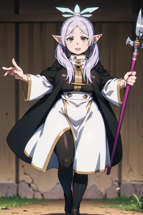 1girl,solo,elf,white hair,grey hair,earrings,pointy ears,long hair,ponytail,green eyes,twintails,parted bangs,thick eyebrows,,, holy magicalgirl, , holy haura, halo,, paladin, sword holding, full body , boots, standing,cute,breast, curvy, female,fantasy go...