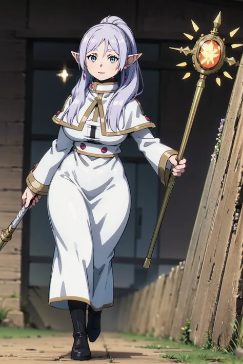 1girl,solo,elf,white hair,grey hair,earrings,pointy ears,long hair,ponytail,green eyes,twintails,parted bangs,thick eyebrows,,, holy magicalgirl, , holy haura, halo,, paladin, sword holding, full body , boots, standing,cute,breast, curvy, female,fantasy go...