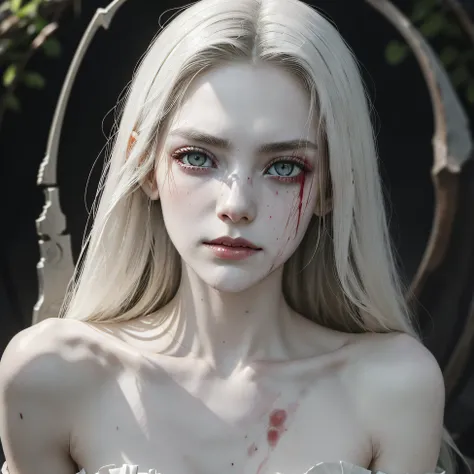 corpse, sinister, female, thin, pale, looking at the camera, ultra realistic, fully detailed, cemetery environment, bright eyes, white dress torn and stained with blood, bones exposed, putrid wounds, sensual, terrifying, bruised by the body, exposed fractu...