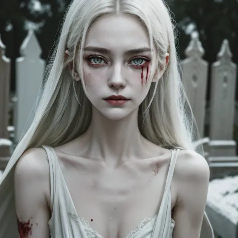 corpse, sinister, female, thin, pale, looking at the camera, ultra realistic, fully detailed, cemetery environment, bright eyes, white dress torn and stained with blood, bones exposed, putrid wounds, sensual, terrifying, bruised by the body, exposed fractu...