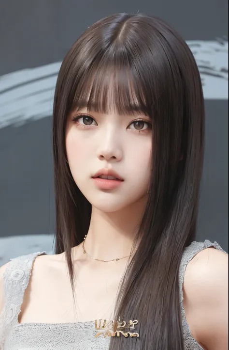 un primer plano de una mujer con cabello largo y vestido gris, Lalisa Manobal, Lalisa Manoban de Blackpink, Ella tiene el pelo negro con flequillo, El Corte Hime, Cabello limpio con flequillo, Flequillo partido en el centro, con flequillo completo, con fle...