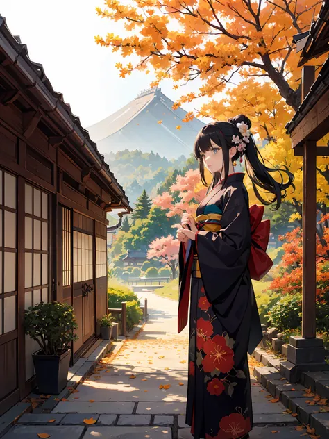 official art, beautiful woman, kyoto, paint kimono, black hair, topknot, flower Japanese hairpin, cowboy shot, outdoors, Autumn, colored leaves, autumn leaves, fallen leaves, flower fields, paths, mountains changing colors in the distance