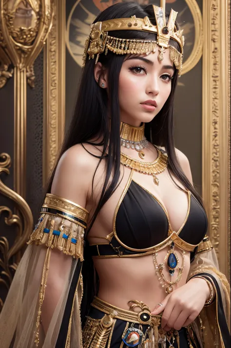 Create a captivating prompt for a mid-journey photo featuring a pharaohs queen with fair skin and long, flowing black hair. Imagine the scene with attention to detail, capturing the queens royal presence and the ambiance of the surroundings. Set the stage ...