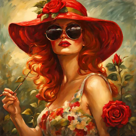 a beautiful redhead in a flowery dress and big sun hat, with sunglasses, smelling a red rose flower, painting style done by Saturno Butto, midjourney, 8k.