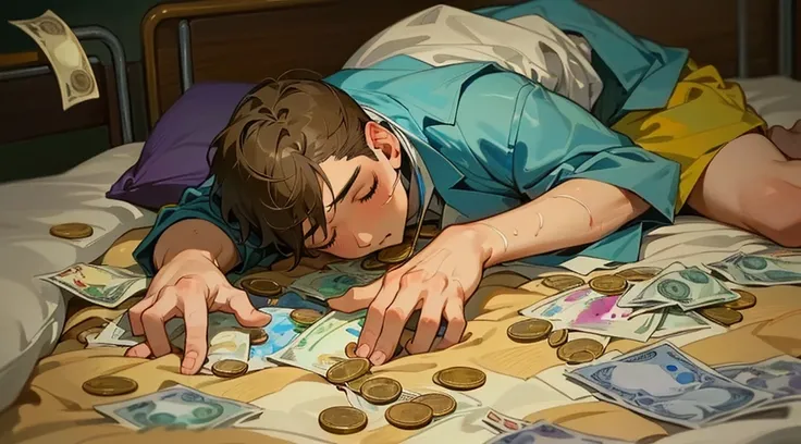 Detailed painting of a sick boy on the hospital bed sleeping. The floor is covered by coin and money. Realistic.