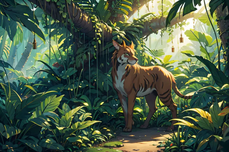 (illustrations : 1.0), Epic composition, photorealistic lighting, HD detail, ​masterpiece, Best quality at best, (Highly detailed CG integrated 8k wallpaper) , jungle area, jungle