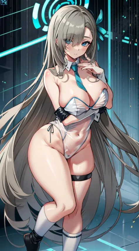 (A high resolution), (Ridiculous resources), (Best quality at best), (high high quality), (tmasterpiece), 1 plump girl, Asuna, eBlue eyes, Long gray hair, The halo, hair covering one eye, Very long hair, Light brown hair, (Large breasts, The cracks are rel...