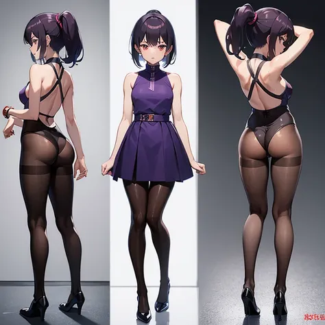 masutepiece, Best Quality, Highly detailed, (((The sheen、Flesh-colored pantyhose)))、Race Queen、Back view、from behind、short ponytail、straight haired、(peeing)、short stature、short、Sweat all over the body、armpit、Standing with legs open