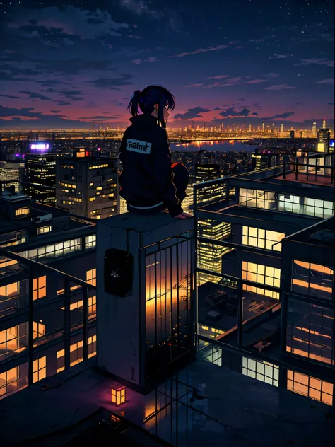 (noite) Cute girl on top of a building wearing baggy clothes watching the horizon and reflecting on how society has come to the point of self-destructing, imagem triste e reflexiva, girl on top of a building watching everything and re reflecting on how soc...