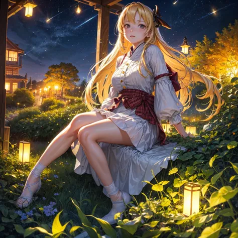 (8K, of the highest quality, masutepiece: 1.2), (Realistic, Photorealistic: 1.37), Super Detail, One girl, Wide-angle angle of view, Firefly Garden, There are many small faint lights and fireflies flying around, Night