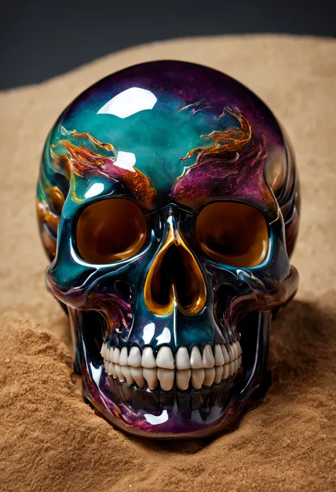 A realistic colored glass skull, beautiful and detailed. inside they are textured like colorful whirlwind sand