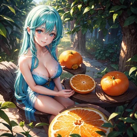 Style-Sylvamagic, Award-winning character concept art of beautiful dryad sitting on citrus tree, In a beautiful orange citrus grove, Citrus fruits of the tree, Amazing body, Smiling, Happy, Laughing, delight, Light blue hair, Golden horn, Beautiful Gossame...