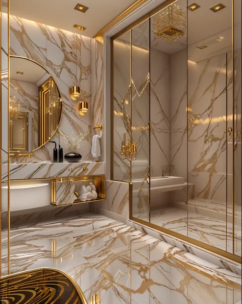 a rendering of a bathroom with a walk in shower and a large mirror, gold and luxury materials, premium bathroom design, luxury hd render, marble and wood and glass, excellent 3d render, marble and gold, elegant and refined, marble and hint gold, modern bat...