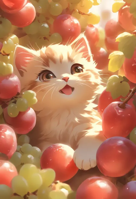 Cute vector of a kitten with grapes, style of anime, M Jenny style, Digital illustration, nearing perfection, The is very detailed, smooth private parts, Focus sharp, illustratio, 4K分辨率