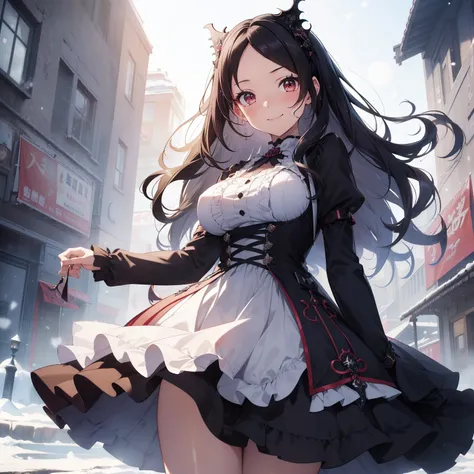 (masutepiece,Best Quality,8K),(extremely detailed CG1.1),teens girl,Smile,large boob,(From below:1.2),Intricate details , Hyper realistic, Perfect Anatomy,A dark-haired,Red Eyes,(((Forehead))),Permed hair with wavy hair,(((length hair))),Hair over one eye,...