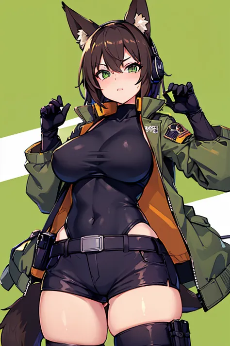 (Masterpiece: 1.5), (Best Quality: 1.5), (Perfect Face), 1 Woman, Mature Woman, Fox ears, Fox tail, green eyes, dark brown hair, big breasts, tactical gear, gun, spandex black shorts, tactical jacket, headset, gloves,