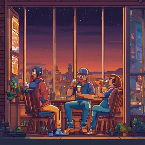 2guys in the city, recording podcast with microphone,drinking beer, in front of stars in window at night time hyper realistic,8k,ultra detailed hd,pixar style,high definition,16:9