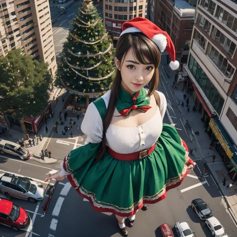 aerial shot, 100ｍ tall woman, Christmas tree cosplay, downtown, Only the face is visible, Comical and cute,