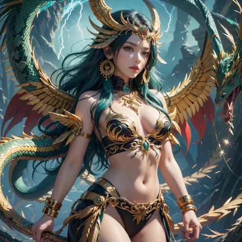 Masterpiece, best quality, {best quality}, {{masterpiece}}, {highres}, anime, 1boy, adult woman, attractive, exotic, Quetzalcoatl, Kukulkan, Snake God, dragon, serpent, flying feathers, plumage, Aztec, gold, gold, thunder, thunder