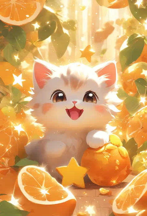 Cute vector of a kitten with star fruit, style of anime, M Jenny style, Digital illustration, nearing perfection, The is very detailed, smooth private parts, Focus sharp, illustratio, 4K分辨率