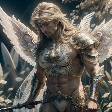 masterpiece, MOVIE POSTER, best quality, high resolution,(1man, solo, male) ((CLOSEUP PORTRAIT)) (DETAILED EYES) (MUSCULAR MEN) ((CRYSTALINE)) ((WEARING ARMOR, CLOTHES, ACCESSORIES)) (( ANGEL KING)) | A divine being with long flowing blond hair, expansive ...