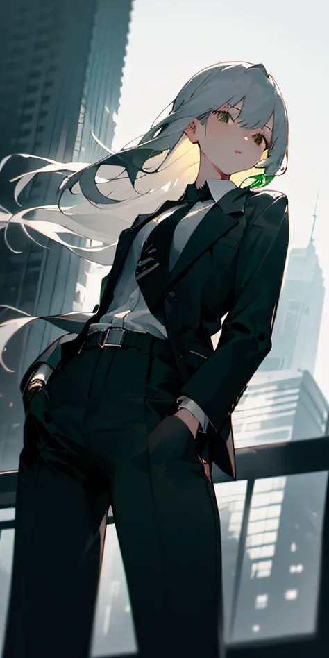 (masterpiece, best quality),(((from below, depth of field, dutch angle, green lighting))), floating hair, 1girl, solo, formal, hand in pocket, suit, black gloves, building, looking at viewer, black necktie, fingerless gloves, white shirt, city, outdoors, b...