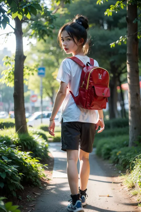 a little lovely kid girl，Carrying a small blue backpack, red blouse, blue short pants, yellow hiking boots，at a forest，Go on an expedition，jogging，Soft lighting，looking at me with her back，3d art，c4d，octane render,ray tracing，Bubble Mart style，Clay texture...