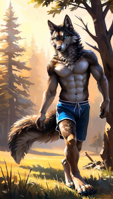 ((Solo)), male people, anthro wolf, (Multi-colored fur, White-brown:1.3，White tail pointed), (Height 2.1m,Tail length 1.2m), ((Wolf face, Big eyes, White eyelids, Blue pupil, Slim:1.2) (Tough, Calm expression:1.2)), Abs, Slim, pinging)), (Correct anatomy),...