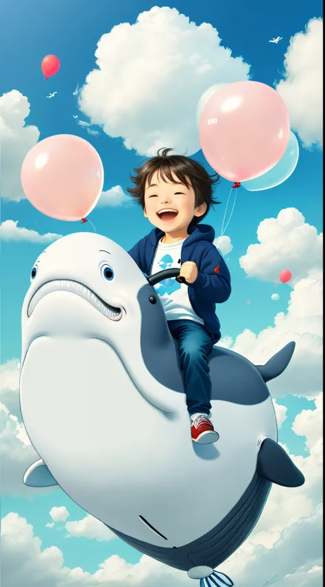 A child, riding a whale, laughing happily, flying in the clouds, balloons, blue sky and white clouds, looking at the camera