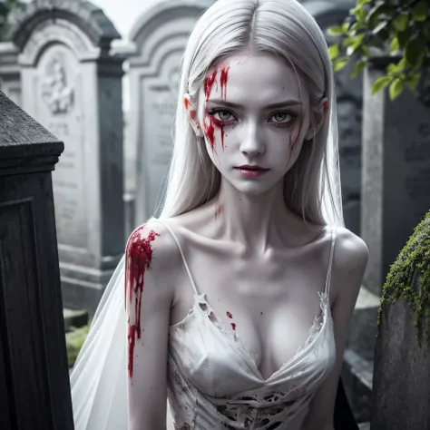 corpse, sinister, female, thin, pale, looking at the camera, ultra realistic, fully detailed, cemetery environment, bright eyes, white dress torn and stained with blood, bones exposed, putrid wounds, sensual, terrifying, bruised by the body, exposed fractu...