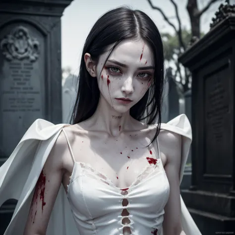 corpse, sinister, female, thin, pale, looking at the camera, ultra realistic, fully detailed, cemetery environment, bright eyes, white dress torn and stained with blood, bones exposed, putrid wounds, sensual, terrifying, bruised by the body, exposed fractu...