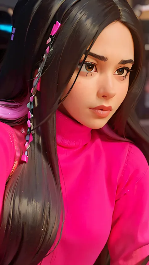 a close up of a woman with long hair wearing a pink sweater, profile image, african ameera al taweel, profile picture, alanis guillen, with straight black hair, with long black hair, female with long black hair, with black hair, taken in the early 2020s, p...