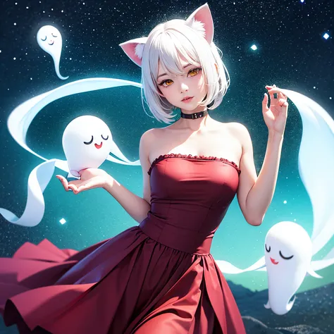 A girl with white hair and cat ears, a ghost with yellow eyes