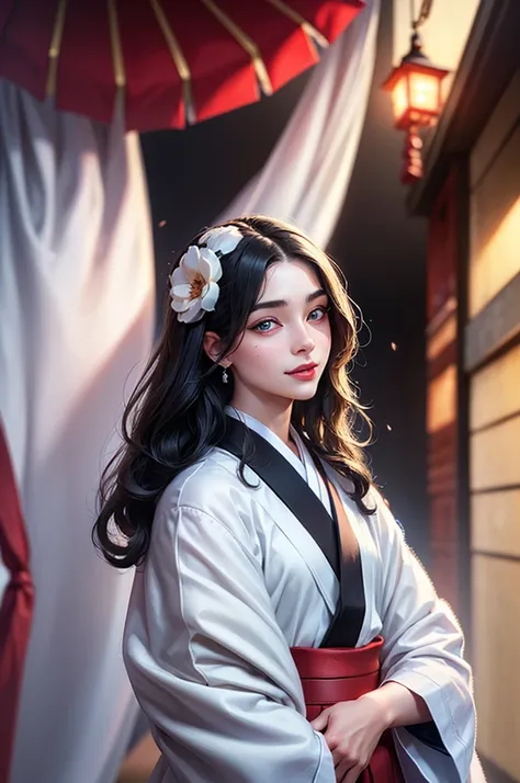 a boy standing with 25 years in white kimono, Japan kimono, mens KIMONO, haori, Black hair, wavy hair, fluffy hair texture, ((dropping eyes)), droopy eyes, down-slanting eyes, down-slanting eyebrows, Blue eyes, calm face, Cheeks are plumping, Neutral atmos...