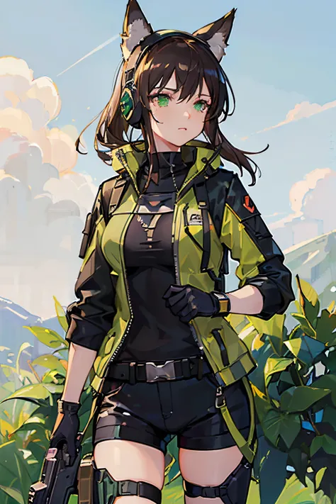 (Masterpiece: 1.5), (Best Quality: 1.5), (Perfect Face), 1 Woman, Mature Woman, Fox ears, Fox tail, green eyes, dark brown hair, big breasts, tactical gear, gun, spandex black shorts, tactical jacket, headset, gloves,