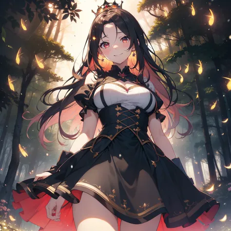 (masutepiece,Best Quality,8K),(extremely detailed CG1.1),teens girl,Smile,large boob,(From below:1.2),Intricate details , Hyper realistic, Perfect Anatomy,A dark-haired,Red Eyes,(((Forehead))),Permed hair with wavy hair,(((length hair))),Hair over one eye,...