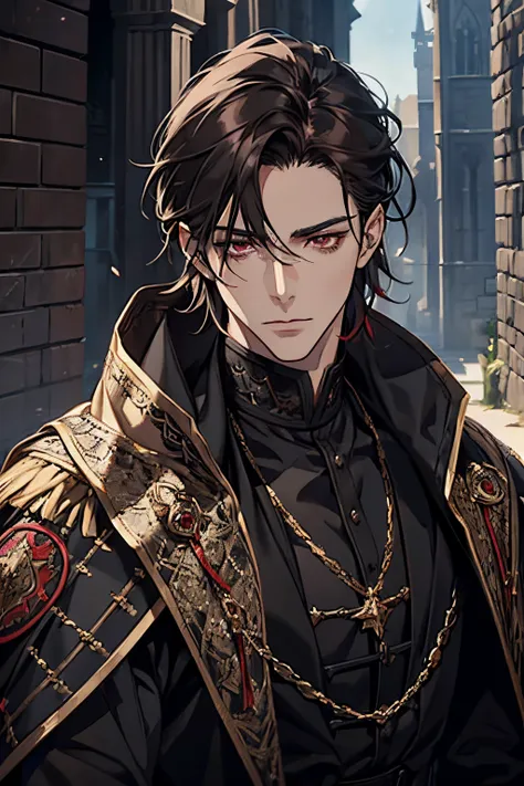 1 male, adult, adult face, beautiful, short tousled dark hair, dark red eyes, clear and detailed eyes, tall and broad shoulders, black nobility clothing, strategist, handsome, condescending, medieval fantasy , upper body, condescending, medieval castle bac...