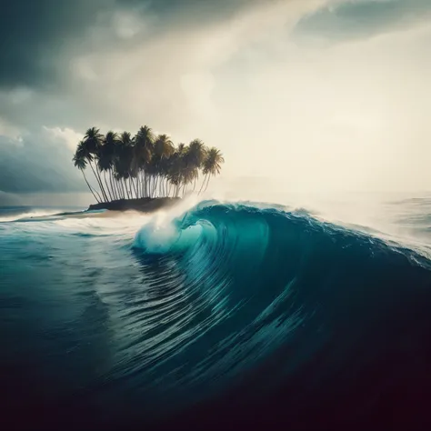 surfer riding a wave in front of a small island with palm trees, marc adamus, stunning waves, breathtaking wave, beach surreal photography, ((waves, ocean swells, waves, ocean waves, tube wave, ocean wave, beautiful waves in sea, by Matthias Weischer, by A...