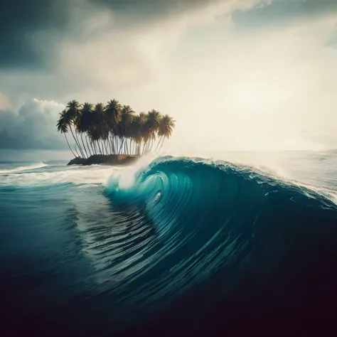 surfer riding a wave in front of a small island with palm trees, marc adamus, stunning waves, breathtaking wave, beach surreal photography, ((waves, ocean swells, waves, ocean waves, tube wave, ocean wave, beautiful waves in sea, by Matthias Weischer, by A...