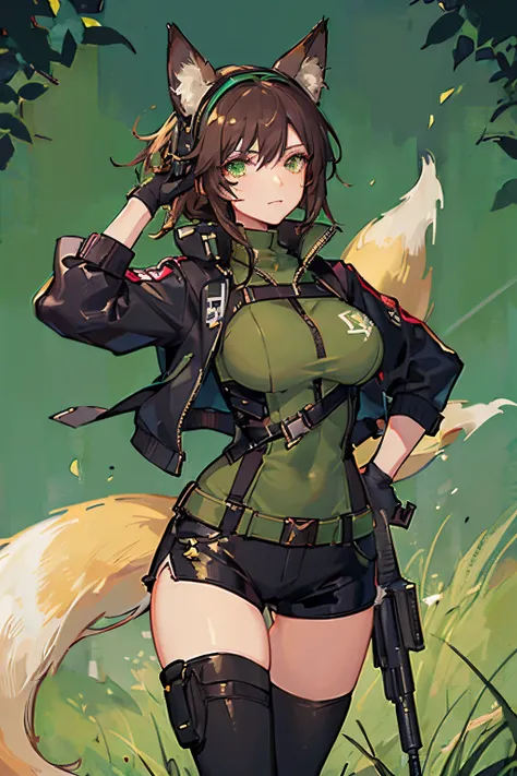 (Masterpiece: 1.5), (Best Quality: 1.5), (Perfect Face), 1 Woman, Mature Woman, Fox ears, Fox tail, green eyes, dark brown hair, big breasts, tactical gear, gun, spandex black shorts, tactical jacket, headset, gloves,