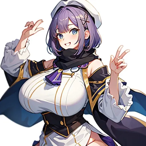 (​masterpiece、top-quality:1.2), Simple background, ((Portrait)), 独奏, 1girl in, Sumire Kaga, Virtual Youtuber, A smile, ((huge breasts, curvy, gigantic breasts, (gigantic breasts:1.2))), Mouth closed, Look at viewers, short-hair, hair adornments, White cap,...